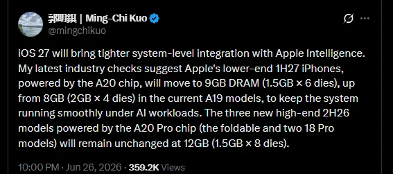 iPhone 18 poderá chegar com 9GB de RAM para controlar custos