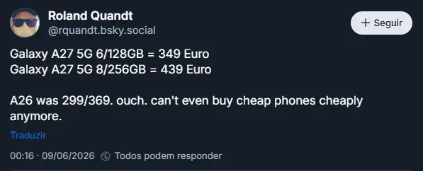 Más notícias... Samsung Galaxy A27 vai ficar mais caro na Europa
